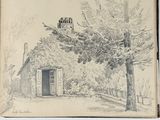 an old book with a drawing of a house and a tree