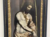 a painting of a man holding a cane in front of a wall