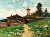 an oil painting of a small house on a hill with a clock tower in the background