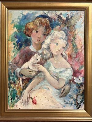 une image représentant un tableau où l'on voit deux femmes tenant un chat