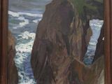 une image représentant une peinture d'une falaise rocheuse au bord de l'océan