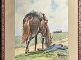 tableau représentant un cheval en train de brouter dans un champ, avec un homme allongé par terre à côté de lui