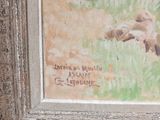 a painting of a dog laying down in the grass