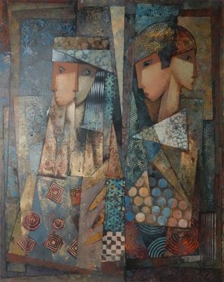 tableau représentant deux femmes se regardant l'une l'autre devant un miroir