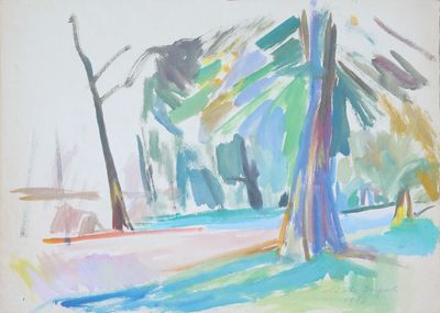 un tableau représentant un parc avec un banc et des arbres