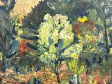 an oil painting of a tree in a park with people walking by
