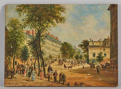 painting of a street scene with people walking and a horse drawn carriage