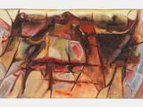 peinture abstraite représentant un groupe de chevaux tirant une charrette