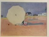 a painting of a person laying on the ground with an umbrella
