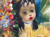 a painting of a little girl holding a bunch of flowers