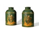 two green vases that are sitting on a white surface