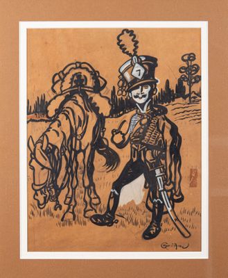 une image représentant un dessin d'un soldat et d'un cheval dans un champ