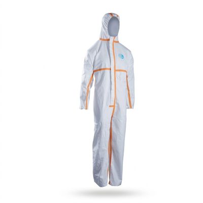 a white and orange coverall with a hood on it