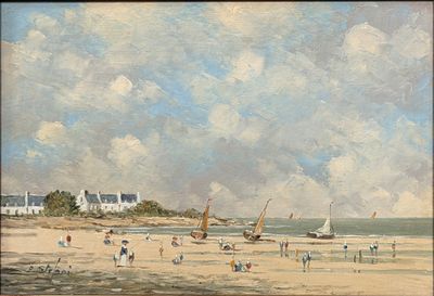 une peinture de personnes sur la plage au bord de l'eau