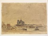 peinture représentant une vue de ville avec un pont et un bateau