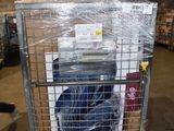 a metal cart with luggage inside of it in a warehouse
