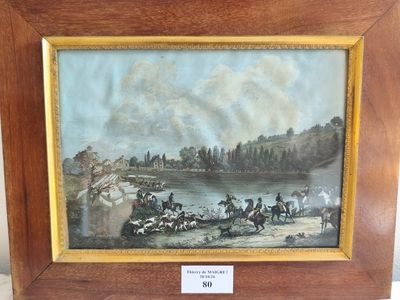 une image représentant un tableau de chevaux et de cavaliers au bord d'une rivière