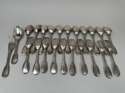 many forks and spoons arranged on a table