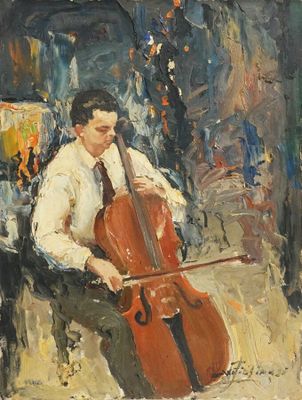 tableau représentant un homme jouant du violoncelle dans une pièce