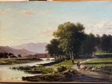 a painting of a man and a woman walking on a path by a river