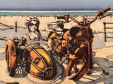 painting of a group of people on a beach with a motorcycle in the sand