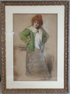 tableau représentant une femme vêtue d'un manteau vert et d'une écharpe blanche