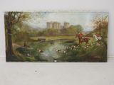 tableau représentant un homme à cheval et un chien dans une rivière