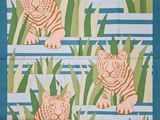 an image of a blue and white wall hanging with two tigers on it