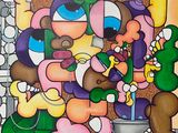 un tableau représentant un groupe de personnages de dessins animés dans une salle de bains