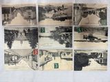 several old black and white photographs of people walking on a bridge