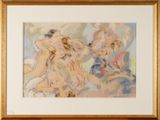 tableau représentant deux nus, dans un cadre doré, posé sur une table en bois