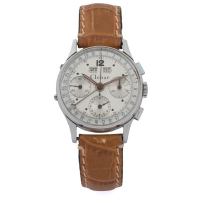 a close up of a watch on a white background with a brown strap