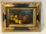 an oil painting of a basket of fruit on a table