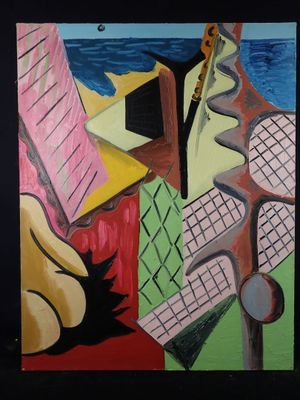 a painting of a guitar and a keyboard on a table