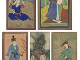 four paintings of people in oriental clothing are displayed on a white surface