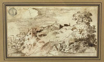 a drawing of a landscape with a village in the distance