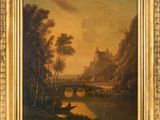 un tableau représentant un paysage fluvial avec un pont et un château au loin