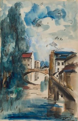 une image représentant une aquarelle d'un pont enjambant une rivière