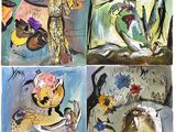 quatre tableaux différents représentant des animaux et des oiseaux dans une forêt
