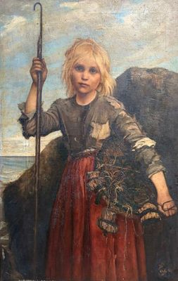 painting of a young girl holding a stick and a basket of flowers