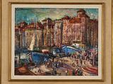 an oil painting of a harbor scene with boats and people