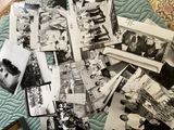 several black and white photos of people and animals on a bed