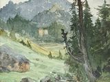 une aquarelle représentant un paysage de montagne avec un ruisseau
