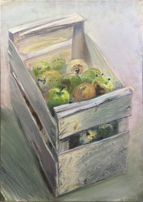 une peinture représentant une boîte en bois remplie de pommes vertes