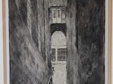 painting of a narrow street with a staircase leading up to a building