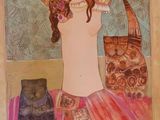 a painting of a woman with a purse and a cat