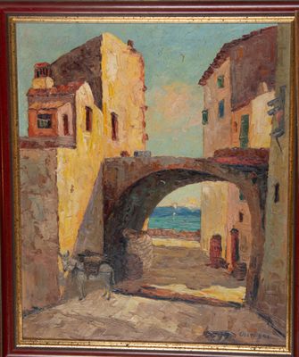 une peinture à l'huile représentant une scène de rue avec un pont et des bâtiments