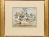 tableau encadré représentant une scène de vie à la ferme avec un homme et un chien