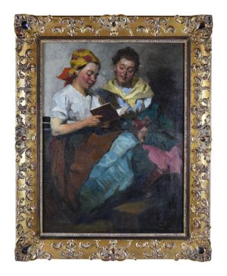 une image représentant un tableau où l'on voit deux femmes en train de lire un livre