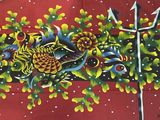 une photo d'un tableau représentant un oiseau sur fond rouge
